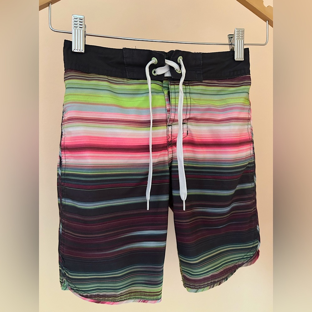 Neon Striped Swim Trunks Boys Size 6 Adjustable Tie Waist Bottoms With Pockets